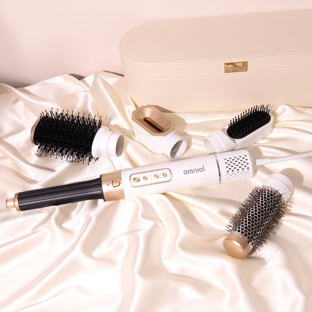 Omnial Beauty Airstyler Pro Set in Weiß-Gold mit Aufbewahrungsbox, Blow-Out-Bürste und verschiedenen Styling-Aufsätzen