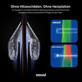 Visueller Vergleich: Der Omnial Beauty Airstraight (Omnistrait) bietet im Gegensatz zu herkömmlichen Glätteisen sanftere Pflege ohne Heizplatten und ohne Hitzeschäden, dargestellt durch eine Wärmebild-Analyse.