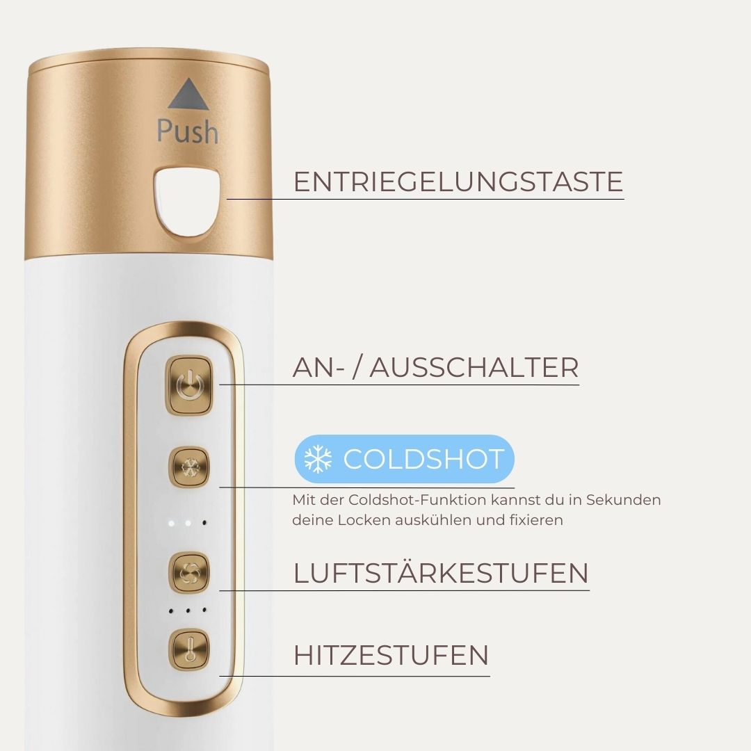 Detailansicht der Bedienelemente des Omnial Beauty Airstylers: Erklärung der Entriegelungstaste, Coldshot-Funktion zur Fixierung von Locken sowie Hitzestufen und Luftstärkestufen