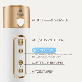 Detailansicht der Bedienelemente des Omnial Beauty Airstylers: Erklärung der Entriegelungstaste, Coldshot-Funktion zur Fixierung von Locken sowie Hitzestufen und Luftstärkestufen