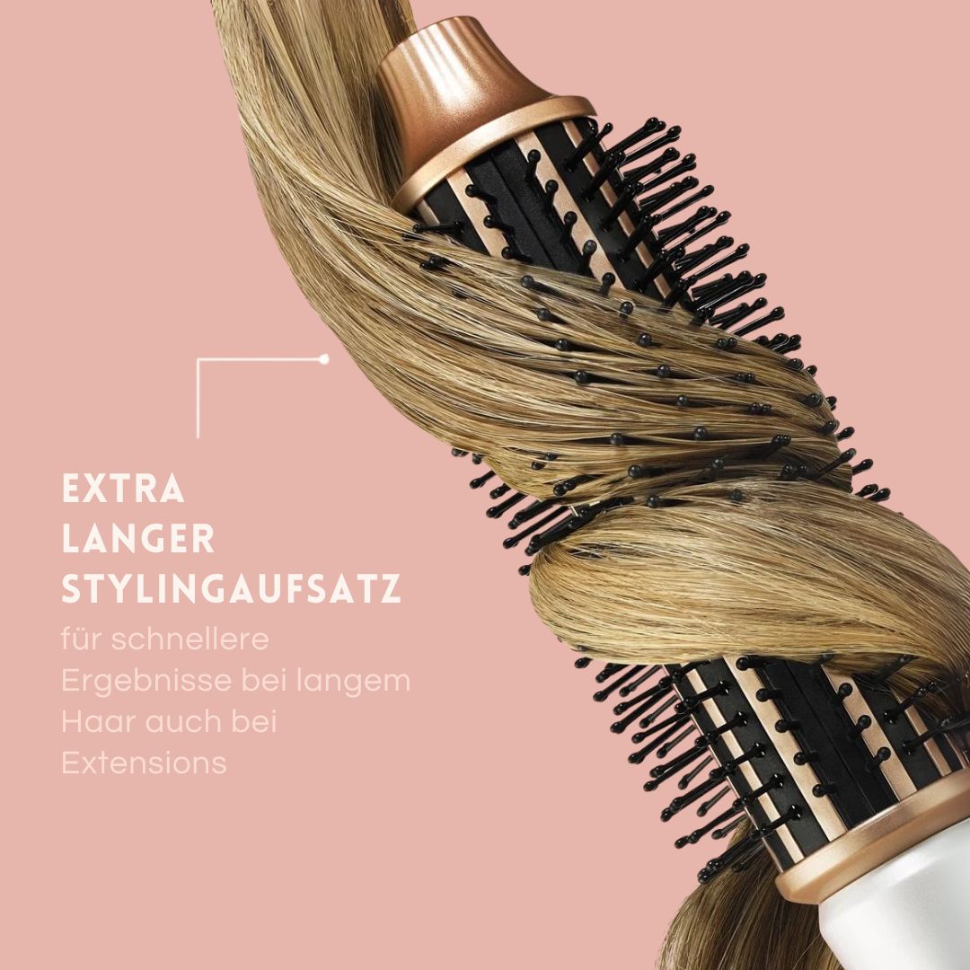 Anwendung des Omnial Beauty Airstylers mit dem extra langen Stylingaufsatz für schnellere Ergebnisse bei langem Haar und Extensions