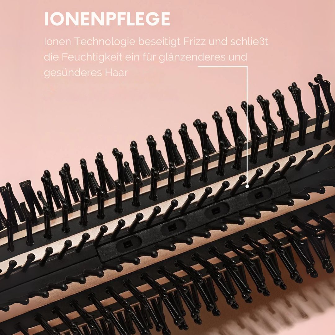 OMNIBRUSH - WÄRMEBÜRSTE Detailansicht der Omnial Beauty Ionen-Technologie: Die Ionenpflege beseitigt Frizz und schließt Feuchtigkeit im Haar ein für ein glänzenderes und gesünderes Styling-Ergebnis. omnial