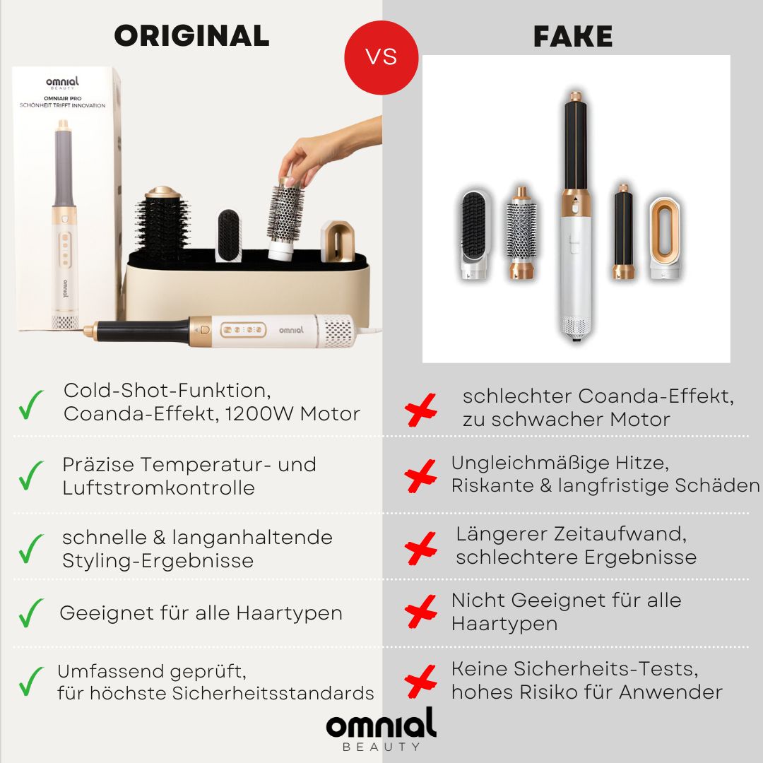 Vergleich zwischen dem originalen Omnial Beauty Airstyler und einer Fälschung: Highlights wie 1200W Motor, Coanda-Effekt, präzise Temperaturkontrolle und geprüfte Sicherheitsstandards beim Original gegenüber Sicherheitsrisiken bei Fakes.