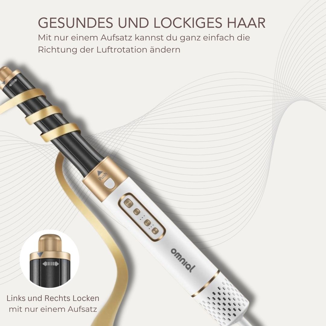 Omnial Beauty Airstyler Pro-Set in Weiß-Gold mit Aufbewahrungsbox und vier verschiedenen Styling-Aufsätzen für Volumen und Locken.