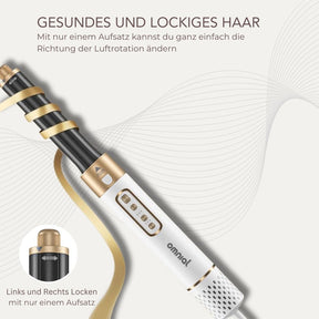 Omnial Beauty Airstyler Pro-Set in Weiß-Gold mit Aufbewahrungsbox und vier verschiedenen Styling-Aufsätzen für Volumen und Locken.